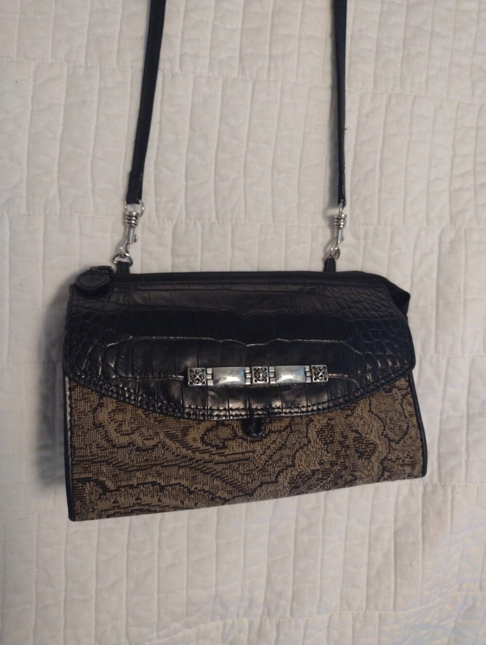 Brighton Croc Embossed Tapestry Genuine Leather Crossbody Organizer Wallet Bag